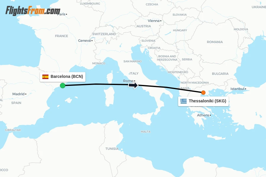 Flights from Barcelona to Thessaloniki route map