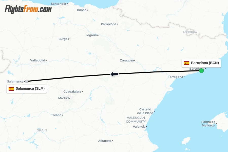 Flights from Barcelona to Salamanca route map