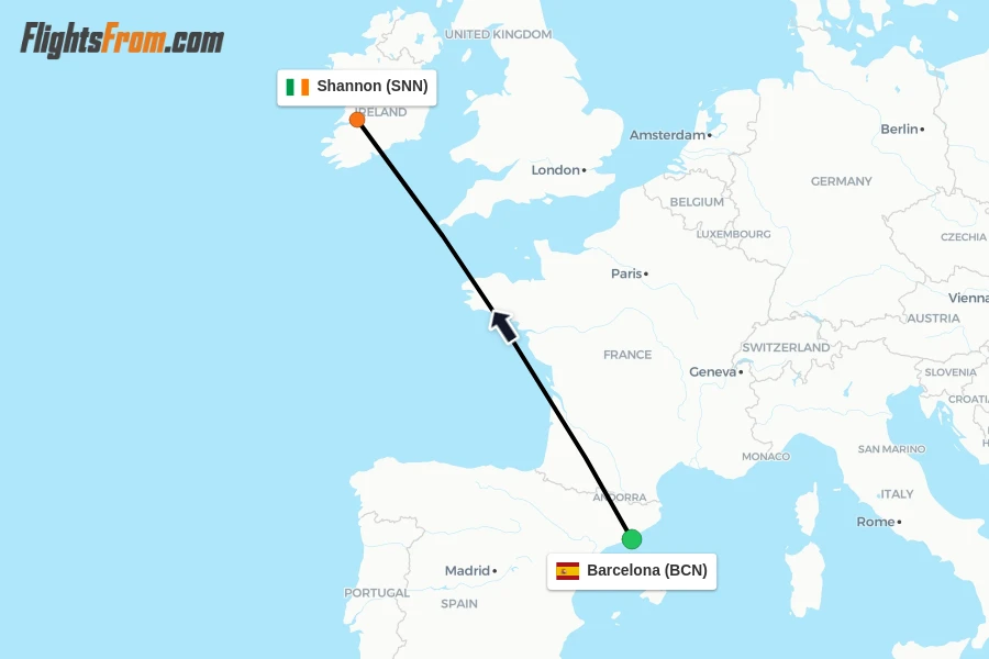Flights from Barcelona to Shannon route map