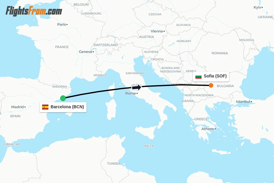 Flights from Barcelona to Sofia route map