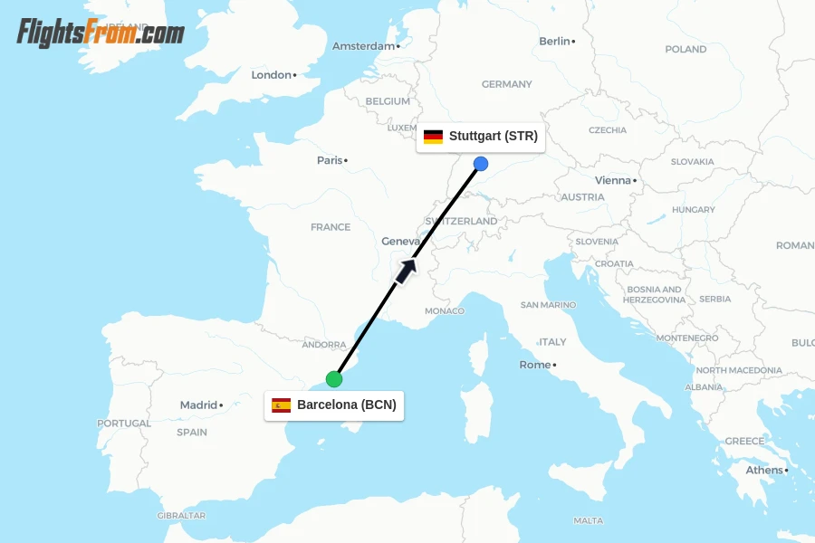 Flights from Barcelona to Stuttgart route map
