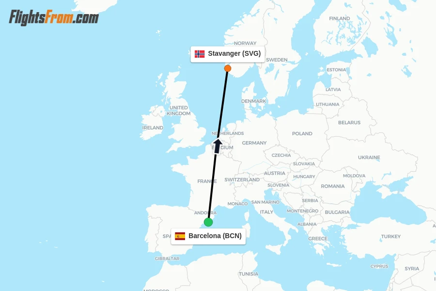 Flights from Barcelona to Stavanger route map