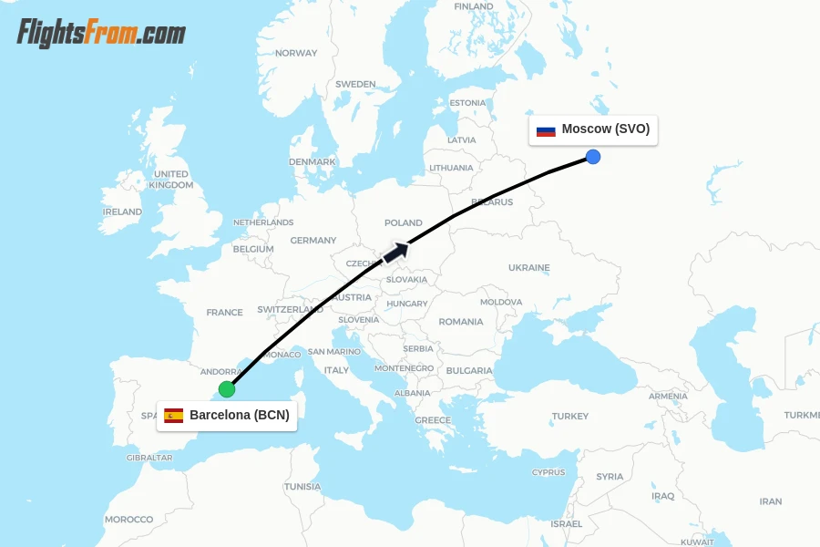 Flights from Barcelona to Moscow route map
