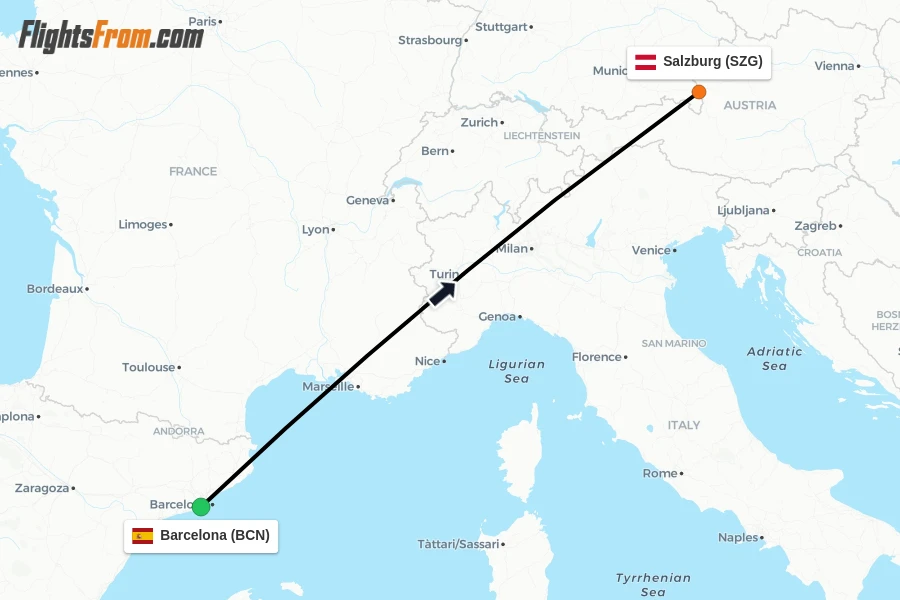 Flights from Barcelona to Salzburg route map