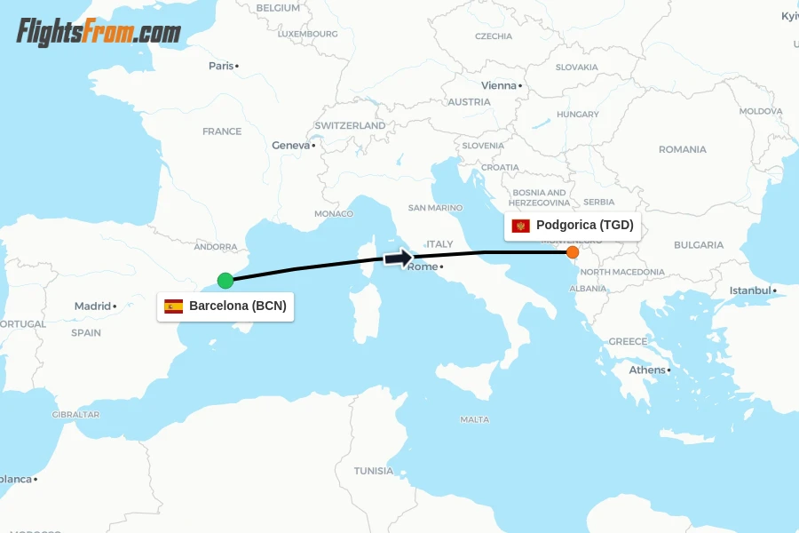 Flights from Barcelona to Podgorica route map