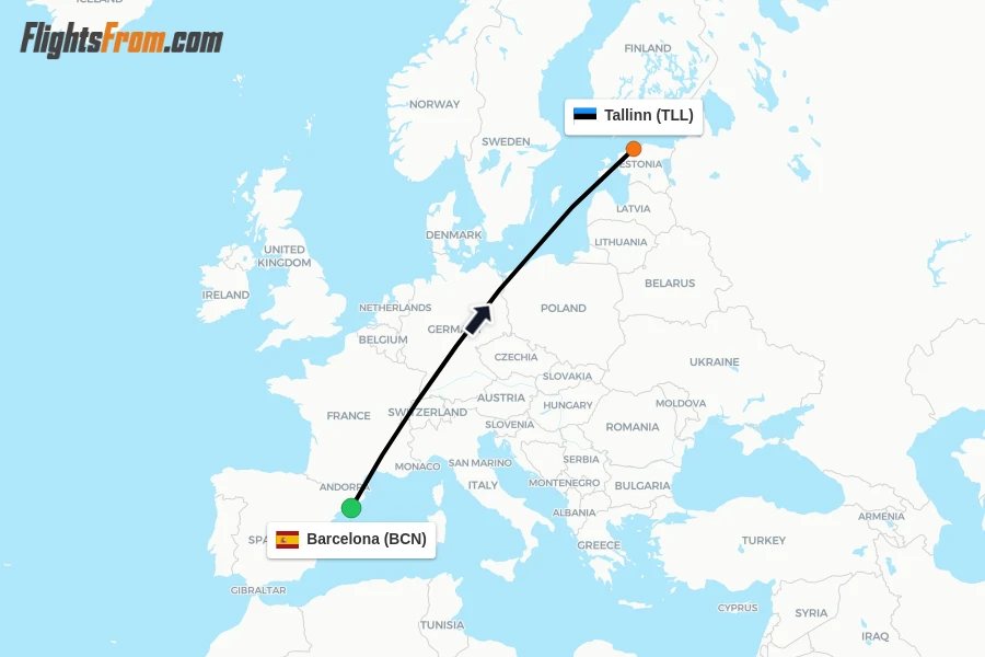 Flights from Barcelona to Tallinn route map