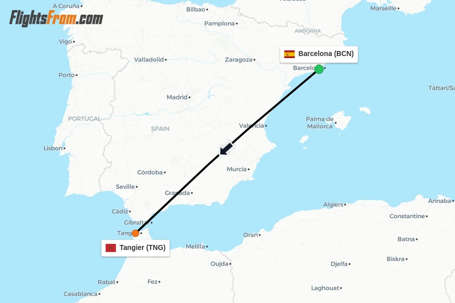 Flights from Barcelona to Tangier route map