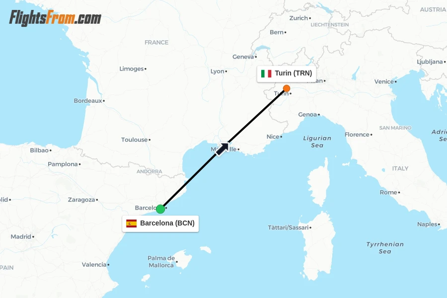Flights from Barcelona to Turin route map