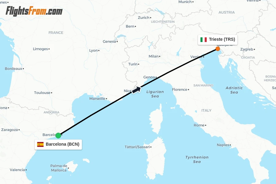 Flights from Barcelona to Trieste route map