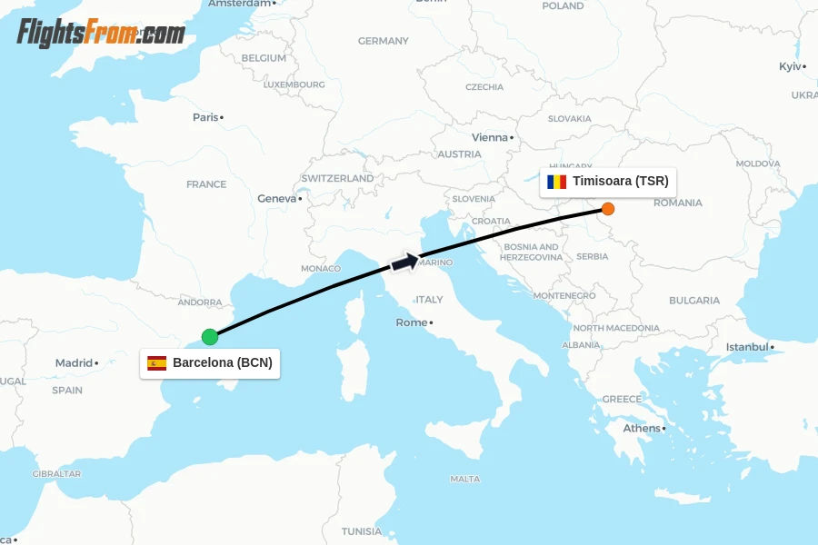 Flights from Barcelona to Timisoara route map
