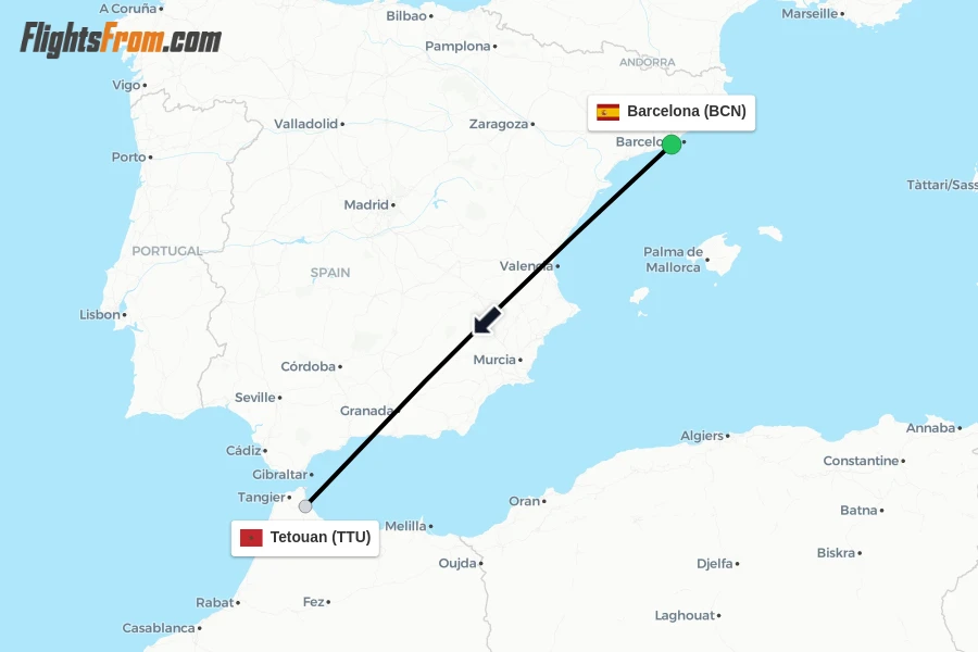 Flights from Barcelona to Tetouan route map