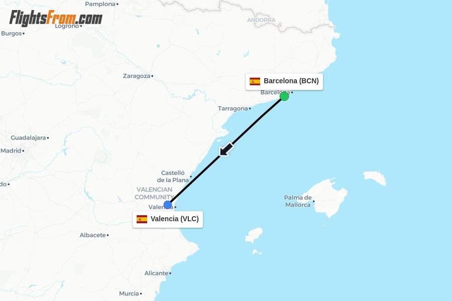 Flights from Barcelona to Valencia route map