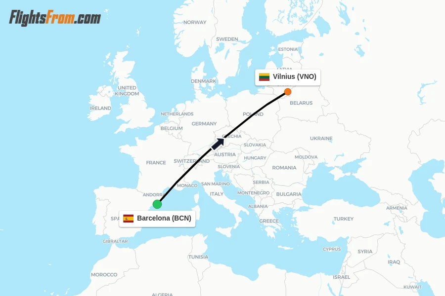 Flights from Barcelona to Vilnius route map