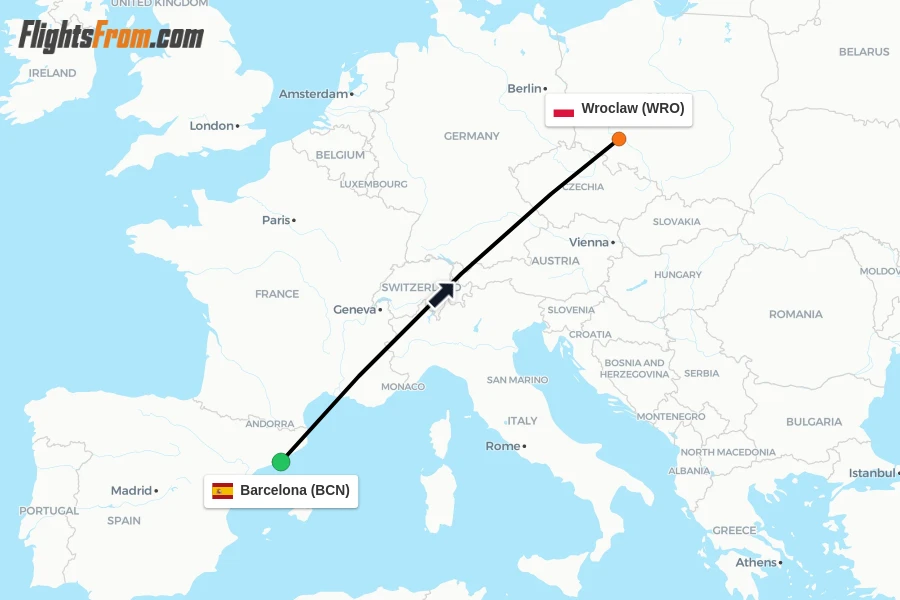 Flights from Barcelona to Wroclaw route map