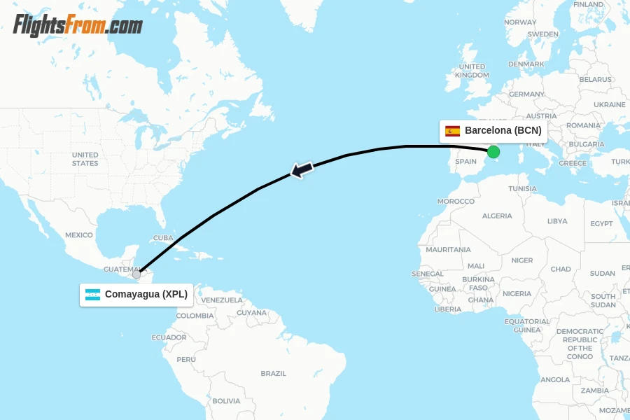Flights from Barcelona to Comayagua route map