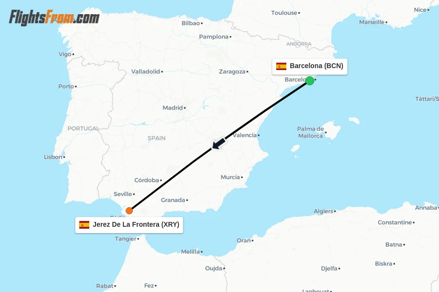 Flights from Barcelona to Jerez De La Frontera route map