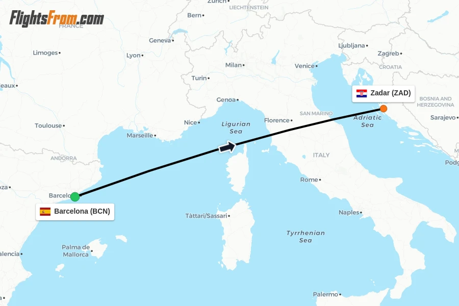 Flights from Barcelona to Zadar route map