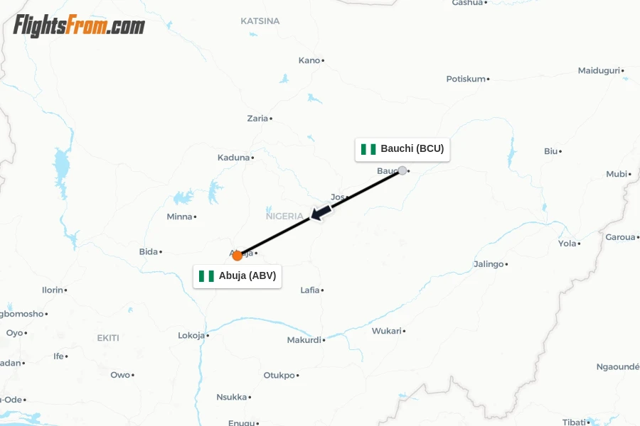 Flights from Bauchi to Abuja route map