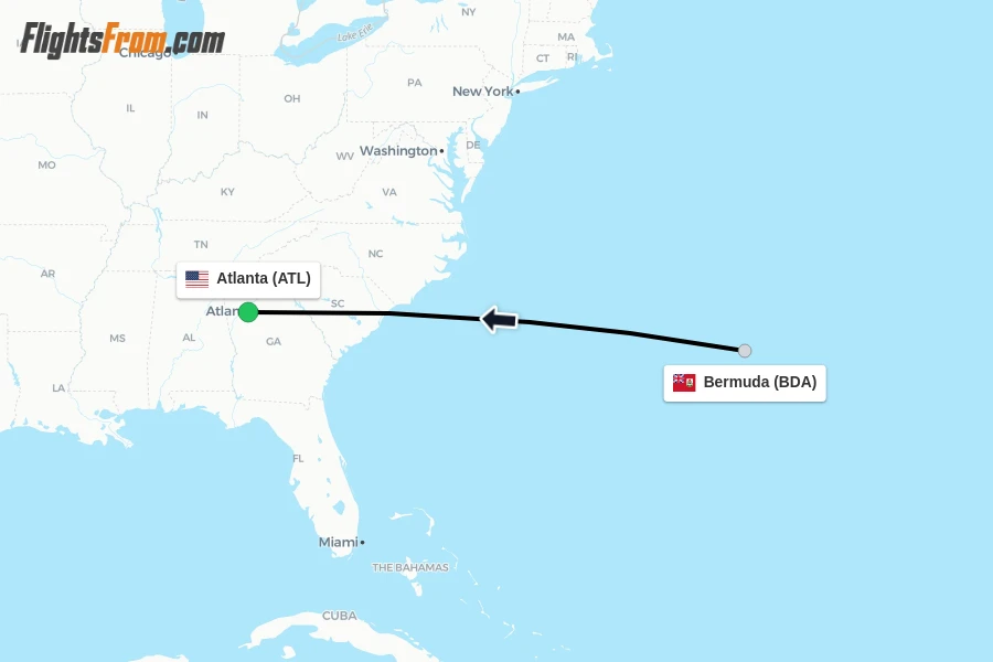 Flights from Bermuda to Atlanta route map