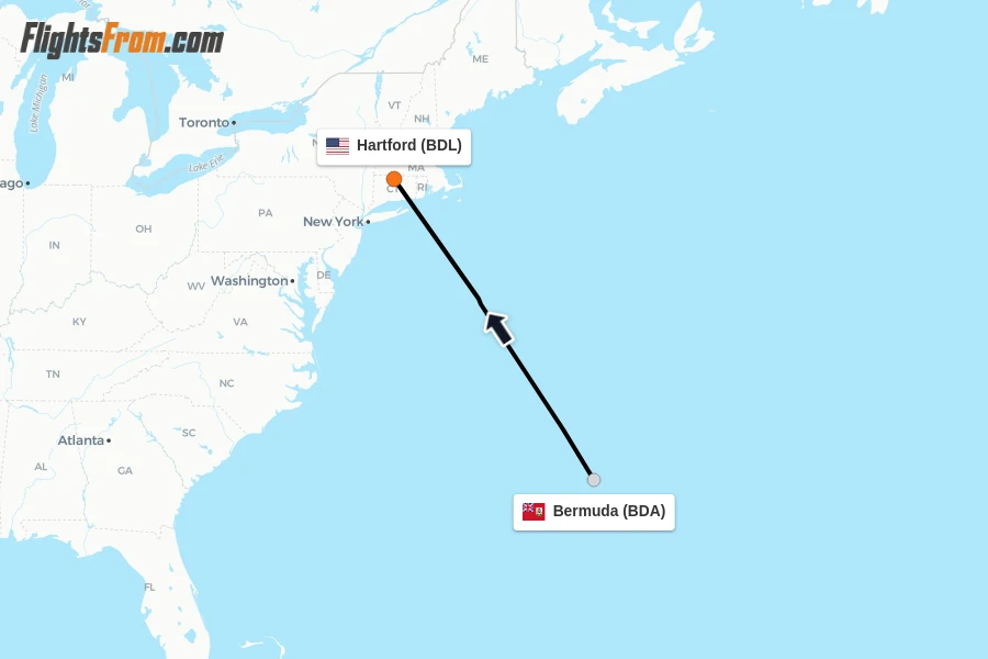 Flights from Bermuda to Hartford route map