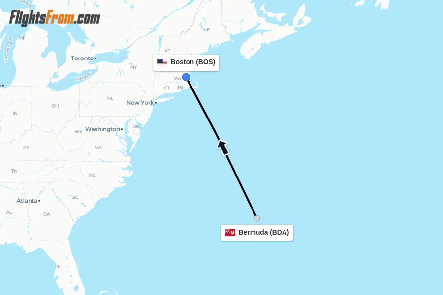 Flights from Bermuda to Boston route map