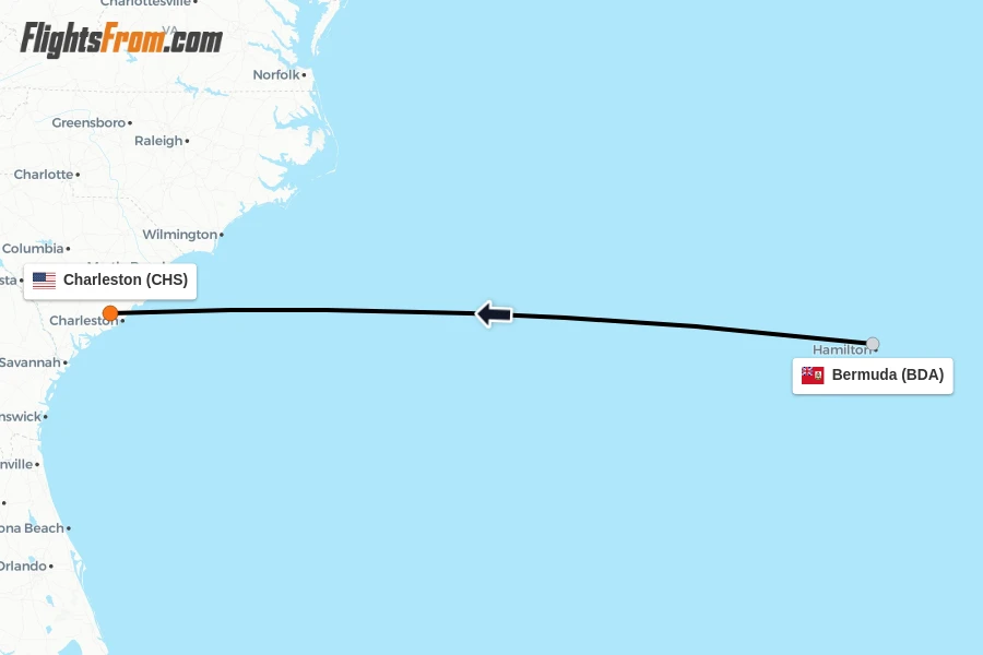 Flights from Bermuda to Charleston route map