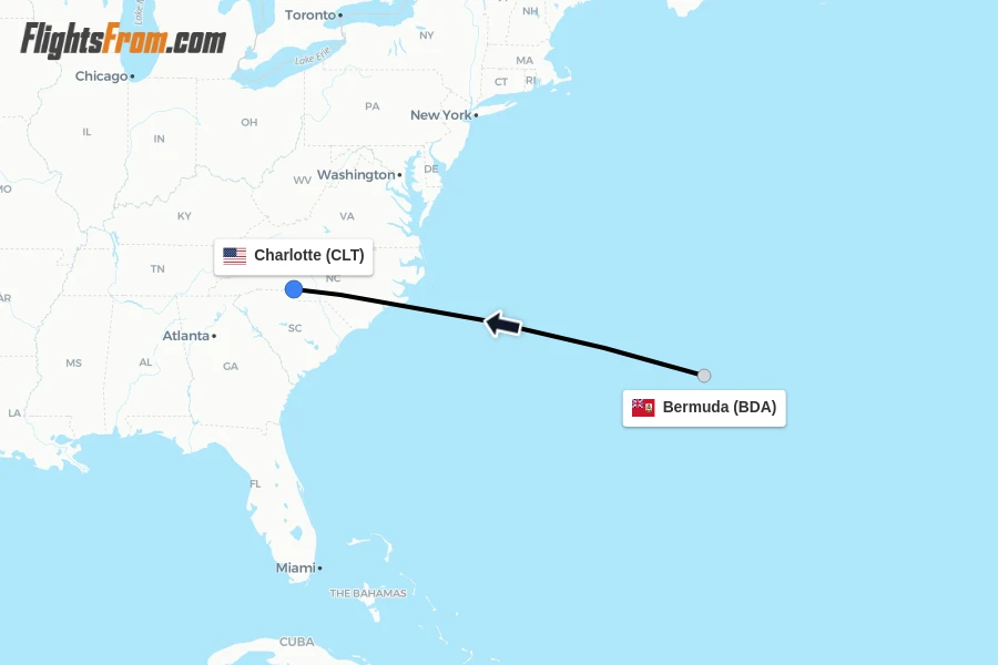 Flights from Bermuda to Charlotte route map