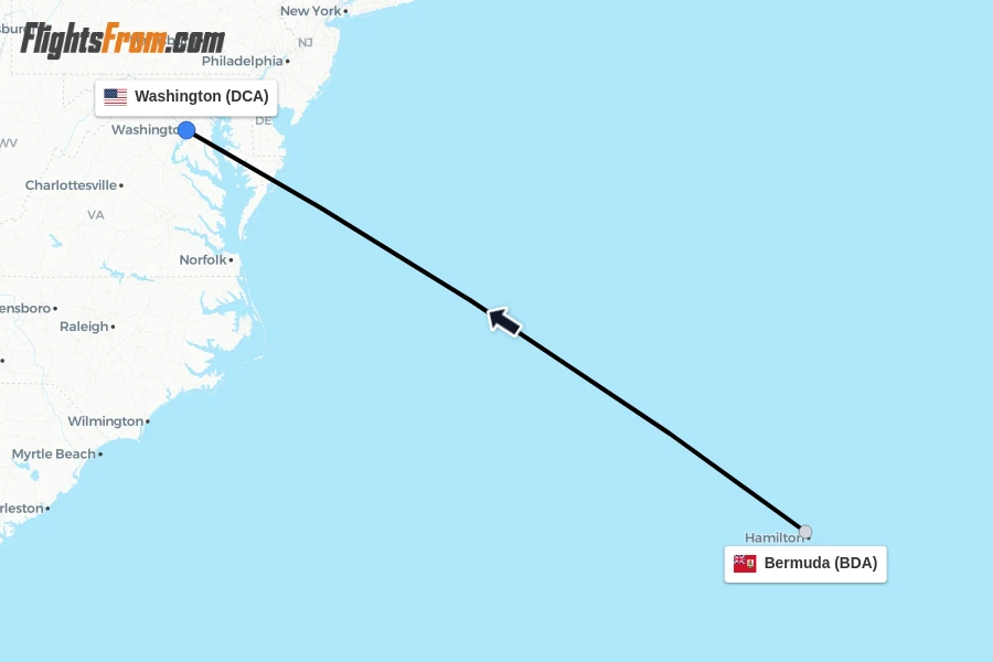 Flights from Bermuda to Washington route map