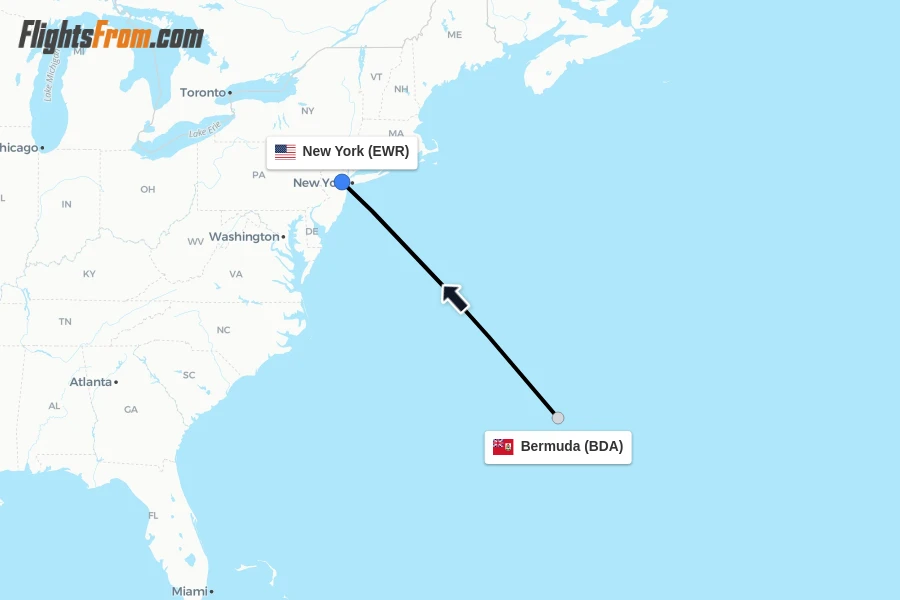 Flights from Bermuda to New York route map