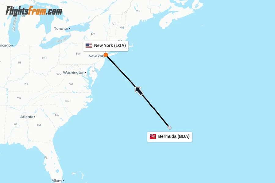 Flights from Bermuda to New York route map