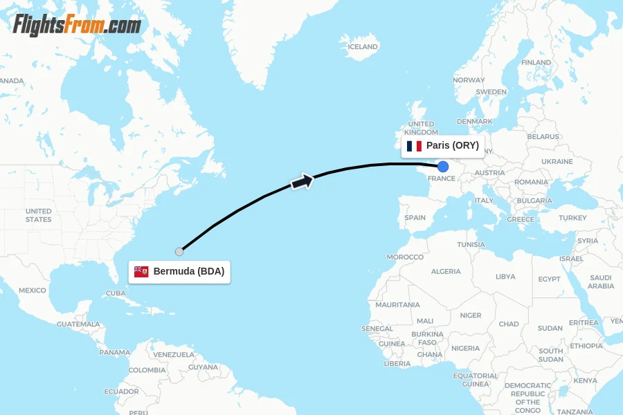 Flights from Bermuda to Paris route map