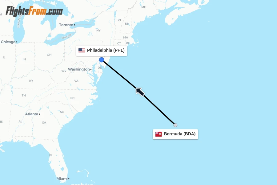 Flights from Bermuda to Philadelphia route map