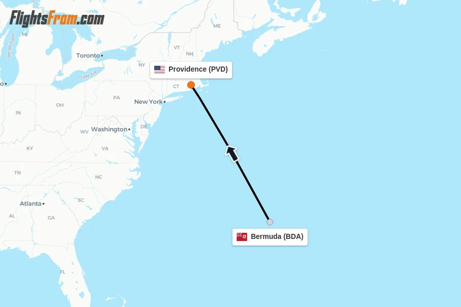 Flights from Bermuda to Providence route map