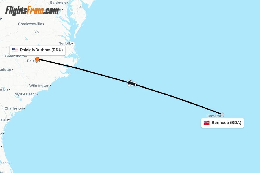 Flights from Bermuda to Raleigh/Durham route map