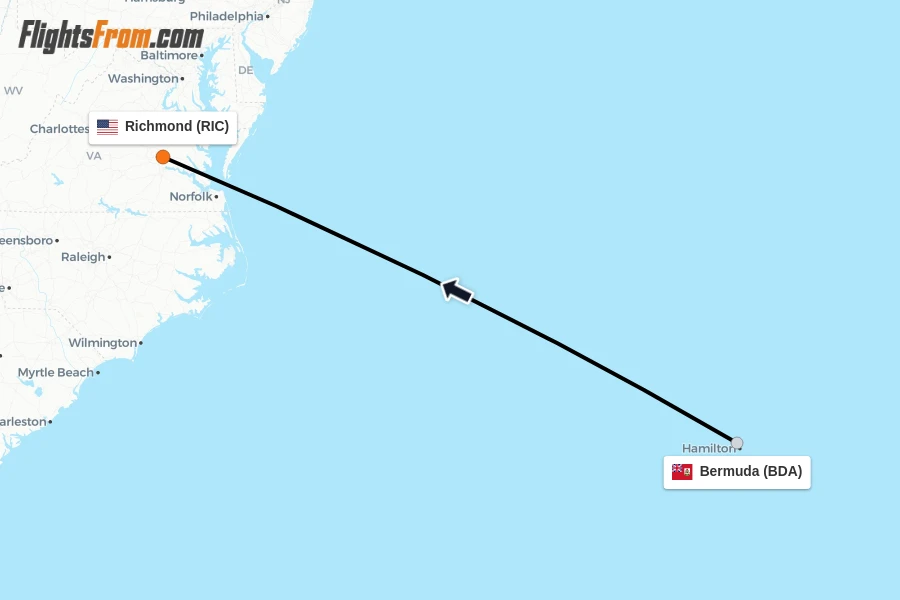 Flights from Bermuda to Richmond route map