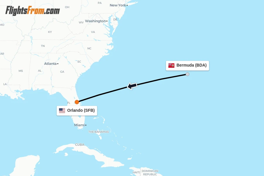 Flights from Bermuda to Orlando route map