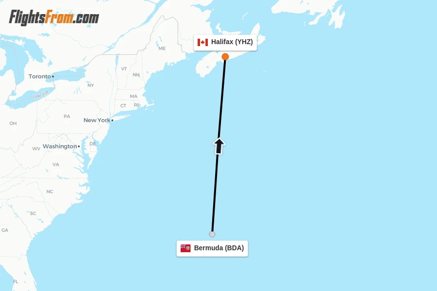 Flights from Bermuda to Halifax route map