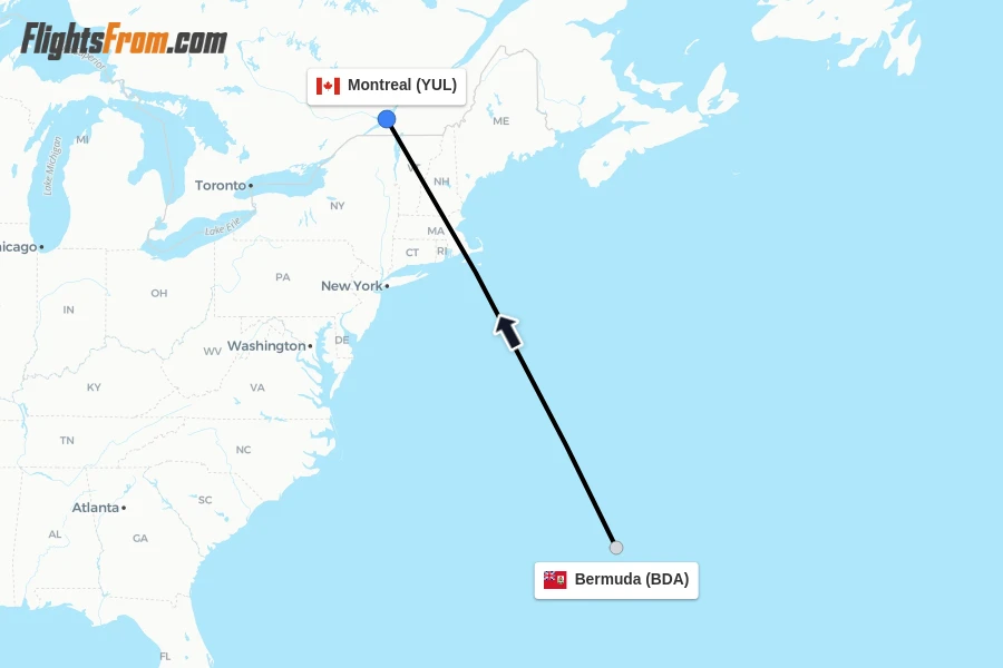 Flights from Bermuda to Montreal route map