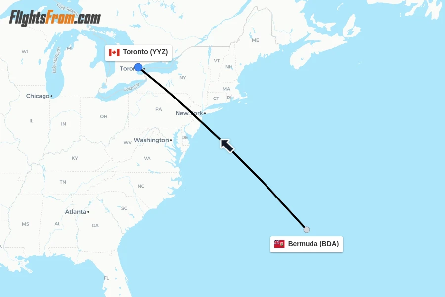 Flights from Bermuda to Toronto route map
