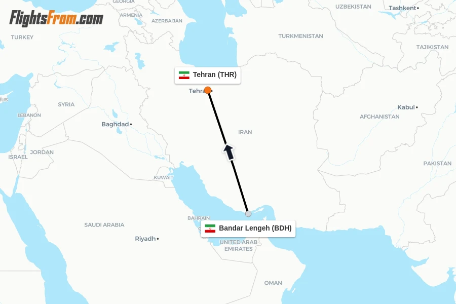 Flights from Bandar Lengeh to Tehran route map