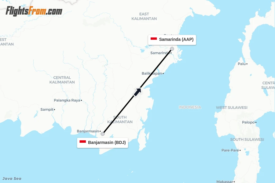 Flights from Banjarmasin to Samarinda route map