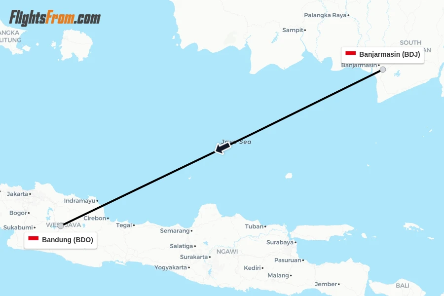 Flights from Banjarmasin to Bandung route map