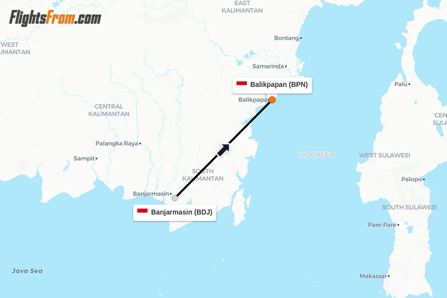 Flights from Banjarmasin to Balikpapan route map