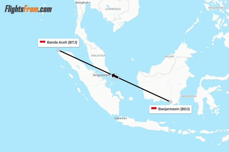 Flights from Banjarmasin to Banda Aceh route map