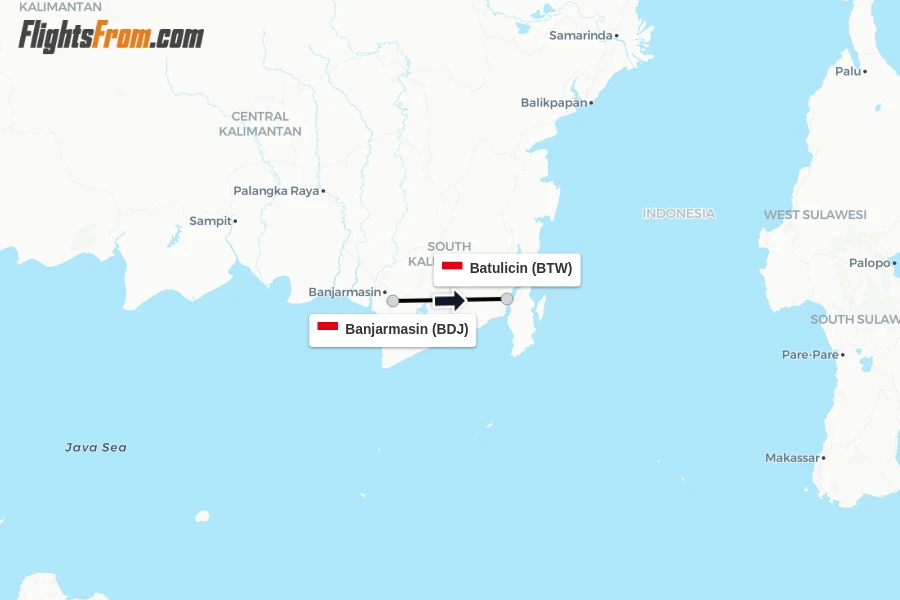 Flights from Banjarmasin to Batulicin route map