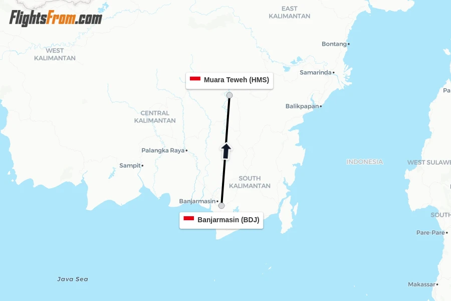 Flights from Banjarmasin to Muara Teweh route map