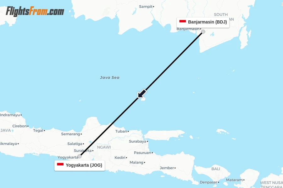Flights from Banjarmasin to Yogyakarta route map