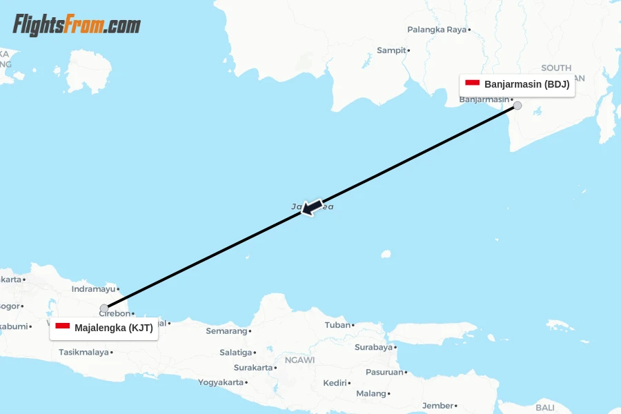 Flights from Banjarmasin to Majalengka route map