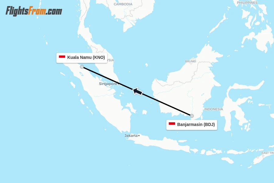Flights from Banjarmasin to Kuala Namu route map