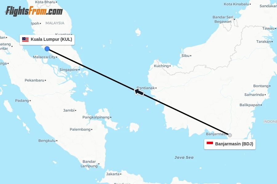 Flights from Banjarmasin to Kuala Lumpur route map